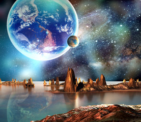 Außerirdischer Planet mit Erdmond und Bergen