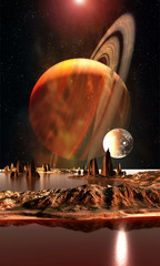 Alien Planet With Saturn, Moon And Mountains