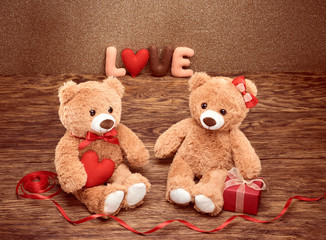Valentines Day.Word Love heart.Couple Teddy Bears 