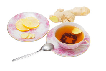 Ginger tea on a background of ginger root