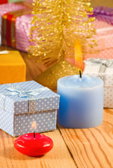 Christmas decorations and candles closeup