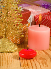 Christmas decorations and candles close-up