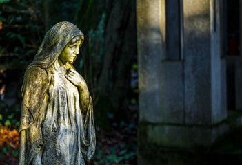 Mother Mary Christianity Religion in Cemetery Graveyard in Nature - obrazy, fototapety, plakaty