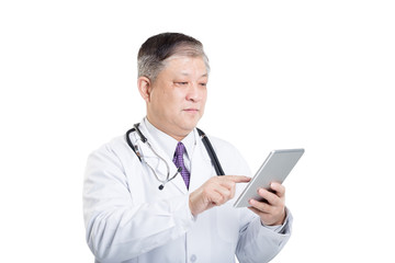 gesture of old man doctor in white with a tablet