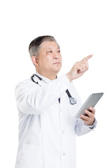 gesture of old man doctor in white with a tablet