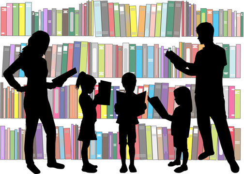 Silhouette of a family reading a book.