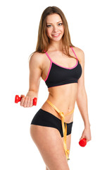 Happy athletic woman with dumbbells doing sport exercise, isolat