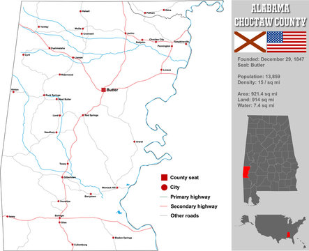 Large and detailed map and infos about Choctaw County in Alabama.