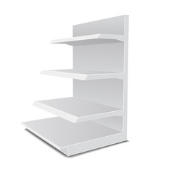 White Long Blank Empty Showcase Displays With Retail Shelves Products On White Background Isolated. Vector EPS10