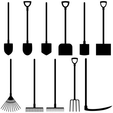 Set of icons of shovels, rakes, fork, scythe, vector illustratio