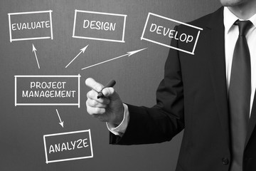 Business man writing Project Management, business product develo