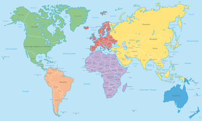 Weltkarte - Kontinente in Farbe (hoher Detailgrad)