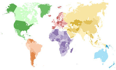 Fototapeta na wymiar Weltkarte - einzelne Kontinente in Farbe (hell)