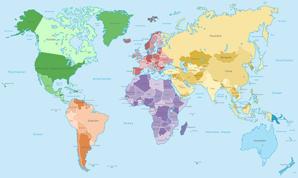 Weltkarte - einzelne Kontinente in Farbe (hoher Detailgrad)
