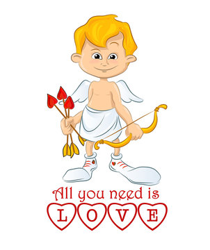 Valentine Day cupid angel cartoon style vector illustration. Cupid cartoon kids vector illustration, Cute playfull Valentine Amur isolated on white background 