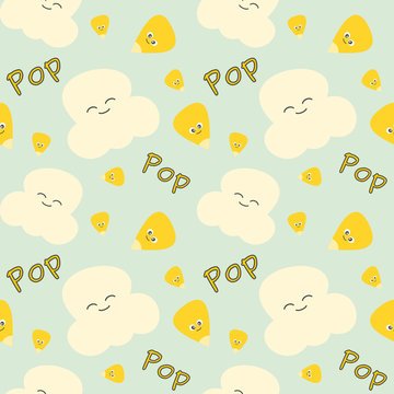 corn grain and popcorn cute cartoon seamless vector pattern background illustration
