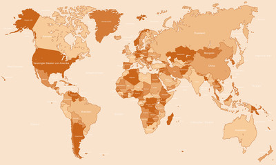 Weltkarte - einzelne Länder in Orange (hoher Detailgrad)
