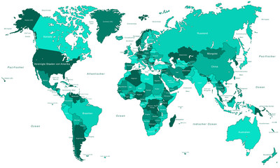 Fototapeta premium Weltkarte - einzelne Länder in Türkis (hoher Detailgrad)