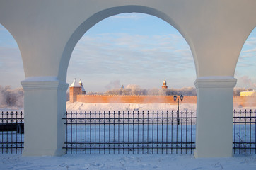 View of Yaroslav's Court in winter day, Veliky Novgorod,Russia