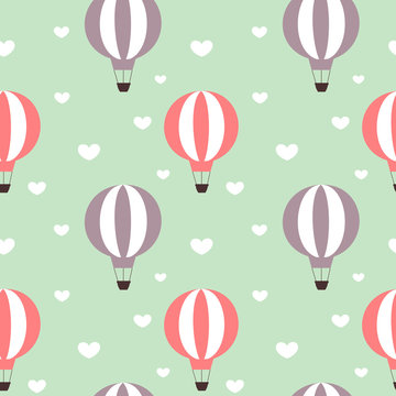 hot air balloons in the sky with hearts seamless vector pattern background illustration
