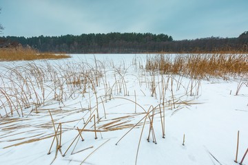Winter frozen lake landscape.