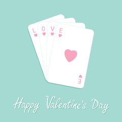 Happy Valentines Day. Love card. Poker playing card stack with heart sign Flat design