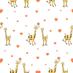 Naklejka premium Vector seamless pattern Valentine's Day with giraffes and hearts on a white background.