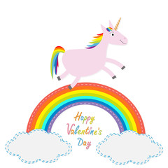 Happy Valentines Day. Love card. Rainbow in the sky. Cute unicorns. Flat design