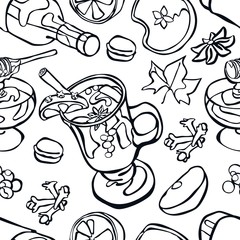 Mulled wine. Vector seamless illustration of wine, hot mulled wine, spices, fruits, honey and autumn leaves.