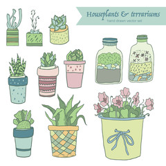 Cute hand drawn terrariums, houseplants and succulents in pots. Vector set