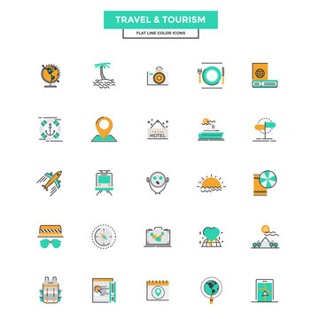 Flat Line Color Icons- Travel and Tourism