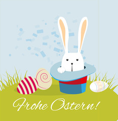 Frohe Oster wünscht der Osterhase aus dem Zylinder mit Ostereiern