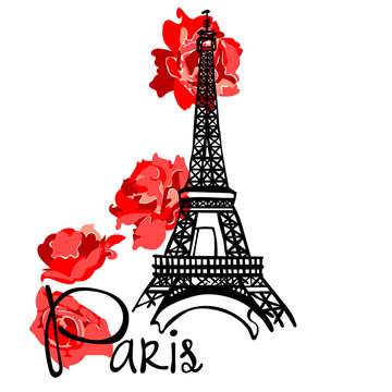 Symbol of France, symbol of Paris - Eiffel Tower. Inscription Paris. Delicate rose. Travel collection.