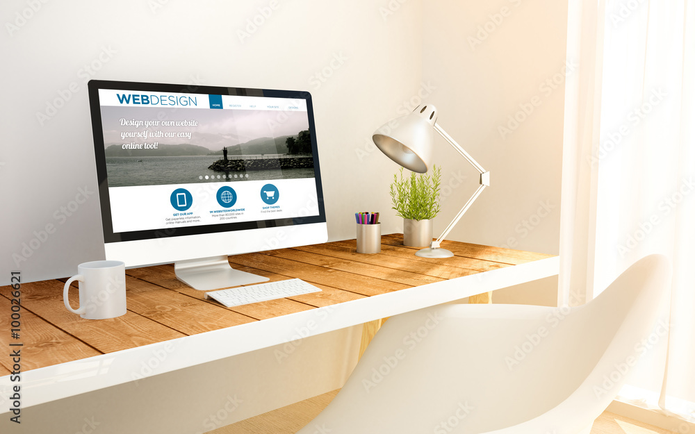 Poster minimalist workplace and computer with web design
