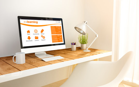 minimalist workplace with e-learning computer