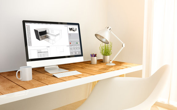 minimalist workplace with 3d software computer