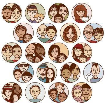 Hand drawn images of families, couples, friends, siblings, singles... multicultural, multiethnic, mixed & patchwork - #2