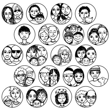 Hand drawn images of families, couples, friends, siblings, singles... multicultural, multiethnic, mixed & patchwork - #1 in black and white