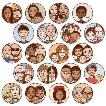 Hand drawn images of families, couples, friends, siblings, singles... multicultural, multiethnic, mixed & patchwork - #1
