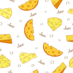 Cheese seamless pattern. Doodle pieces of cheese on white.