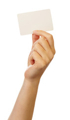 Blank business card in female hand on white