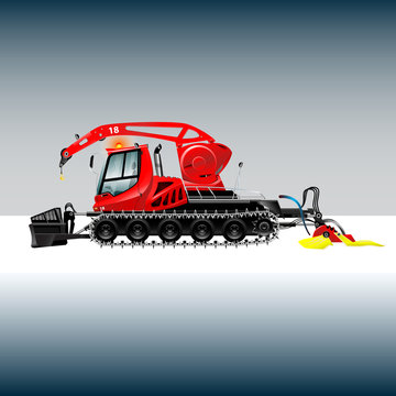 Snowcat. Red ratrack. Machine for snow preparation. Vector illustration.