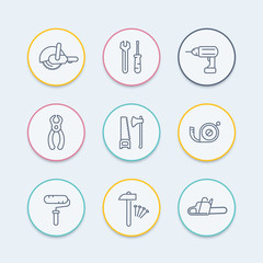 construction tools thin line icons, wrench, drill, saw icon, vector illustration
