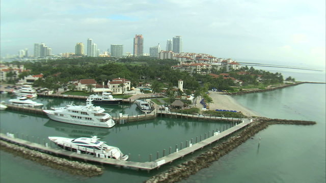 Aerial shot of yachts in a marina in Miami.
