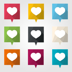 Set of heart pin markers. Flat Icons with long shadow.