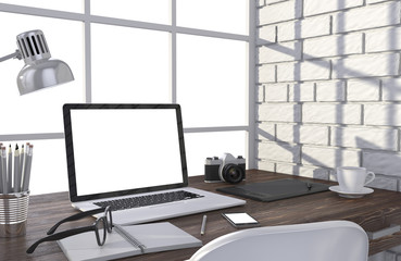 3D illustration laptop and work stuff on table near brick wall, Workspace