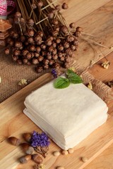 Tofu for cooking and soybean seed.