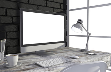 Fototapeta premium 3D illustration PC screen on table in office, Workspace