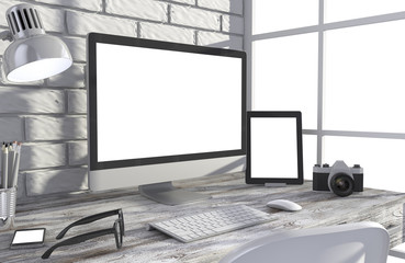 Fototapeta premium 3D illustration PC screen on table in office, Workspace