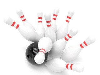 Bowling ball and skittles isolated